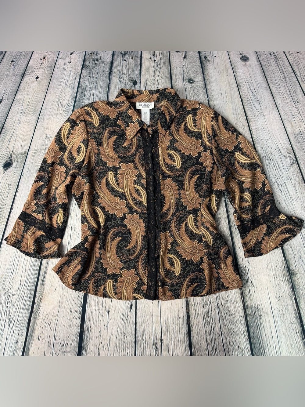 Y2K Whimsigoth Studio I Black Tan Paisley Sheer Button-Up Top Lace Detail 14P